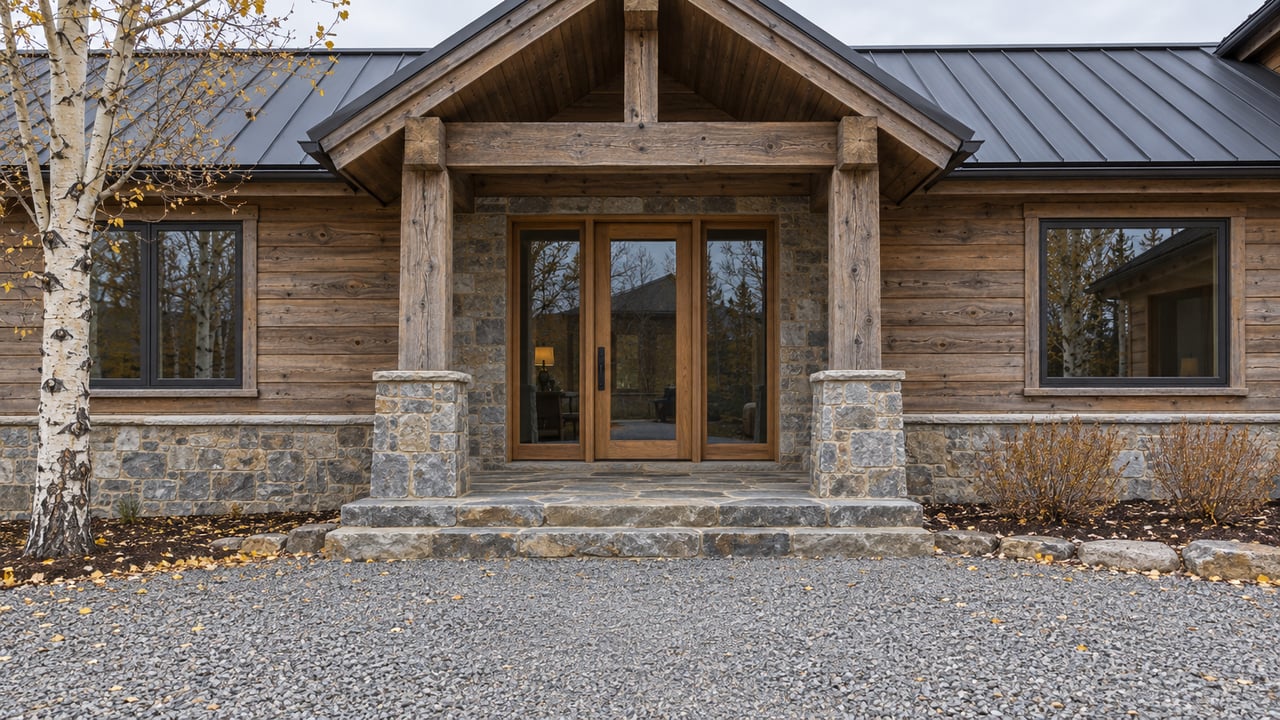 Weathered timber home with a stone porch, broad entry steps, and nearly bare aspen in cool autumn daylight.