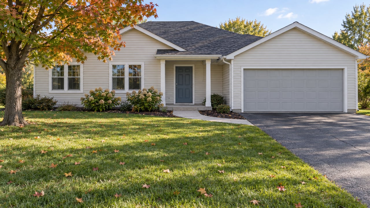 A modest ivory-sided gabled home with an attached garage, a deep lawn and a sugar maple turning orange beside its covered entry.