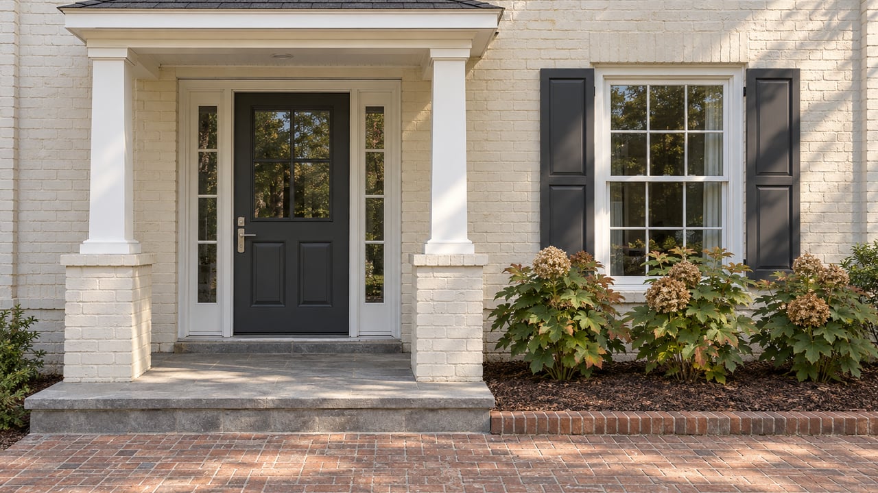 Cream-painted brick attached-home entry with paired white porch columns, a charcoal door, gray stone steps and oakleaf hydrangeas.