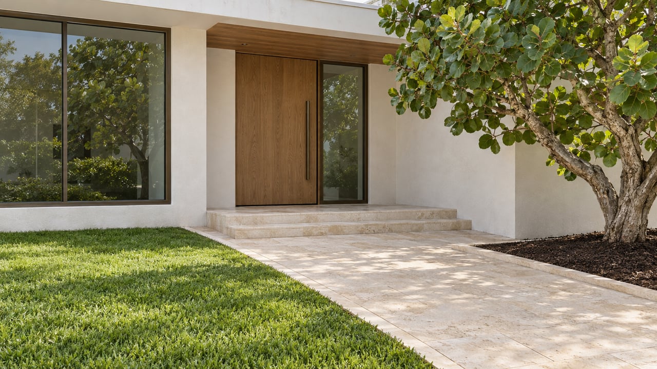 White stucco home with a recessed oak entry door, limestone approach, bronze-framed glass and a sculptural sea grape tree.