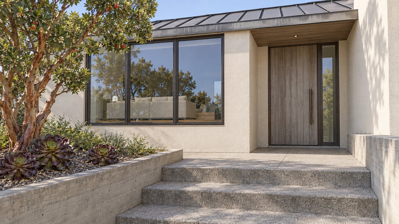 Sunlit split-level home with ivory stucco, a weathered cedar entrance, bronze-framed windows, and broad concrete steps beside a sculptural strawberry tree.