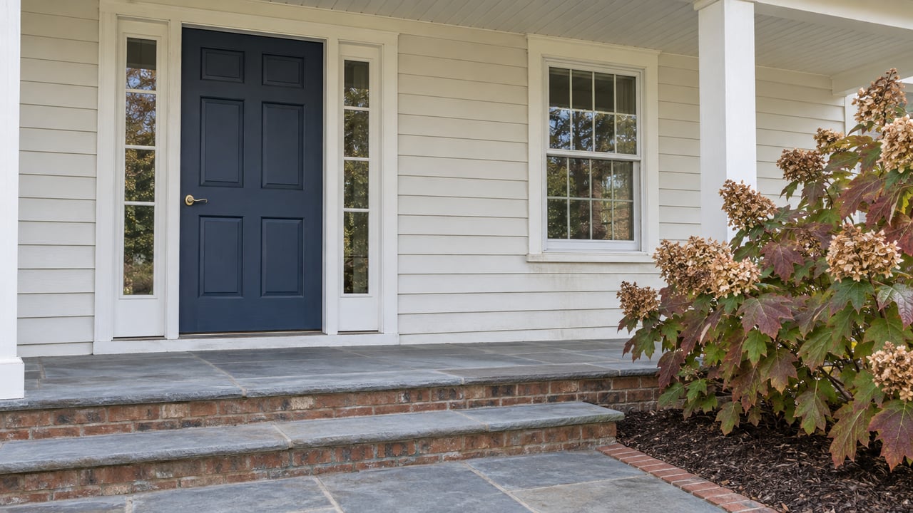 Covered entry of a light clapboard home with a navy door, paired sidelights, bluestone steps and an oakleaf hydrangea.