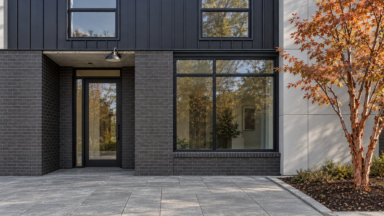Modern home exterior with dark brick, large windows, and an orange-leaved tree beside the paved entry.