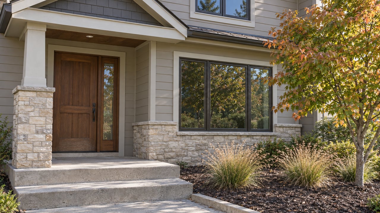 Close view of a suburban home's sheltered wood entry, buff stone porch pier and concrete steps beside an autumn maple.