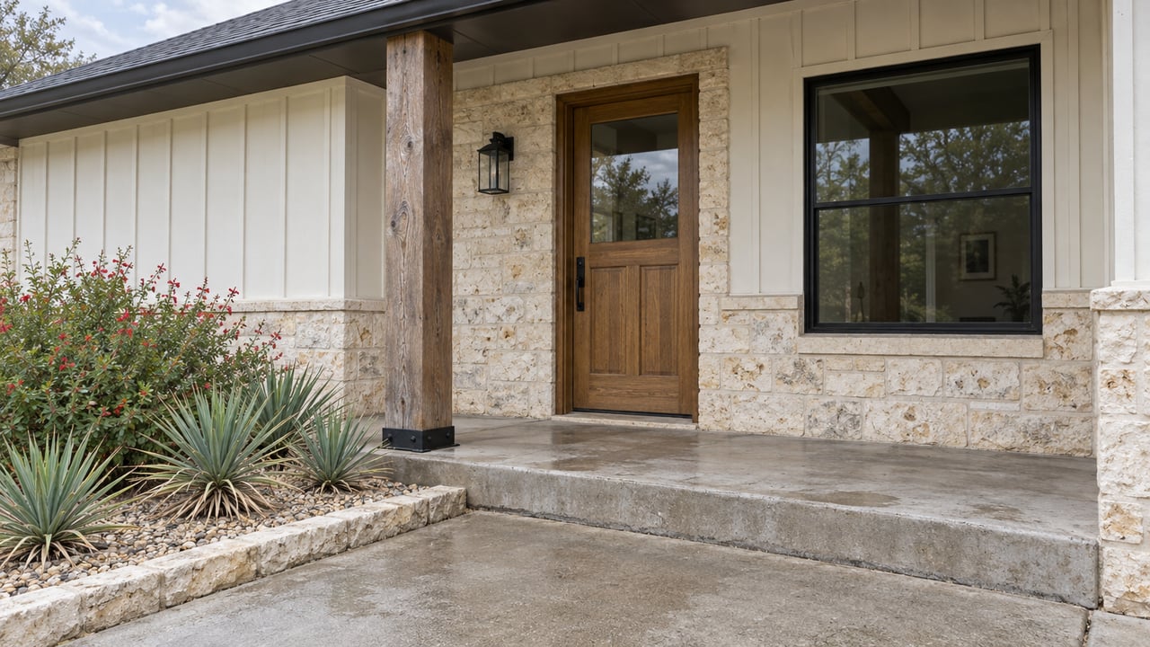 Rain-darkened limestone and a timber porch post frame an oak front door, beside a concrete approach and flowering sage.