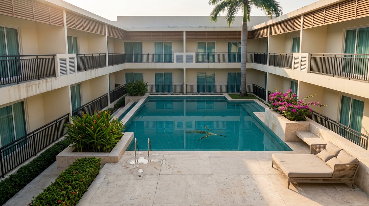 Turquoise courtyard pool bordered by condo balconies, with palms, magenta bougainvillea, and a single daybed.