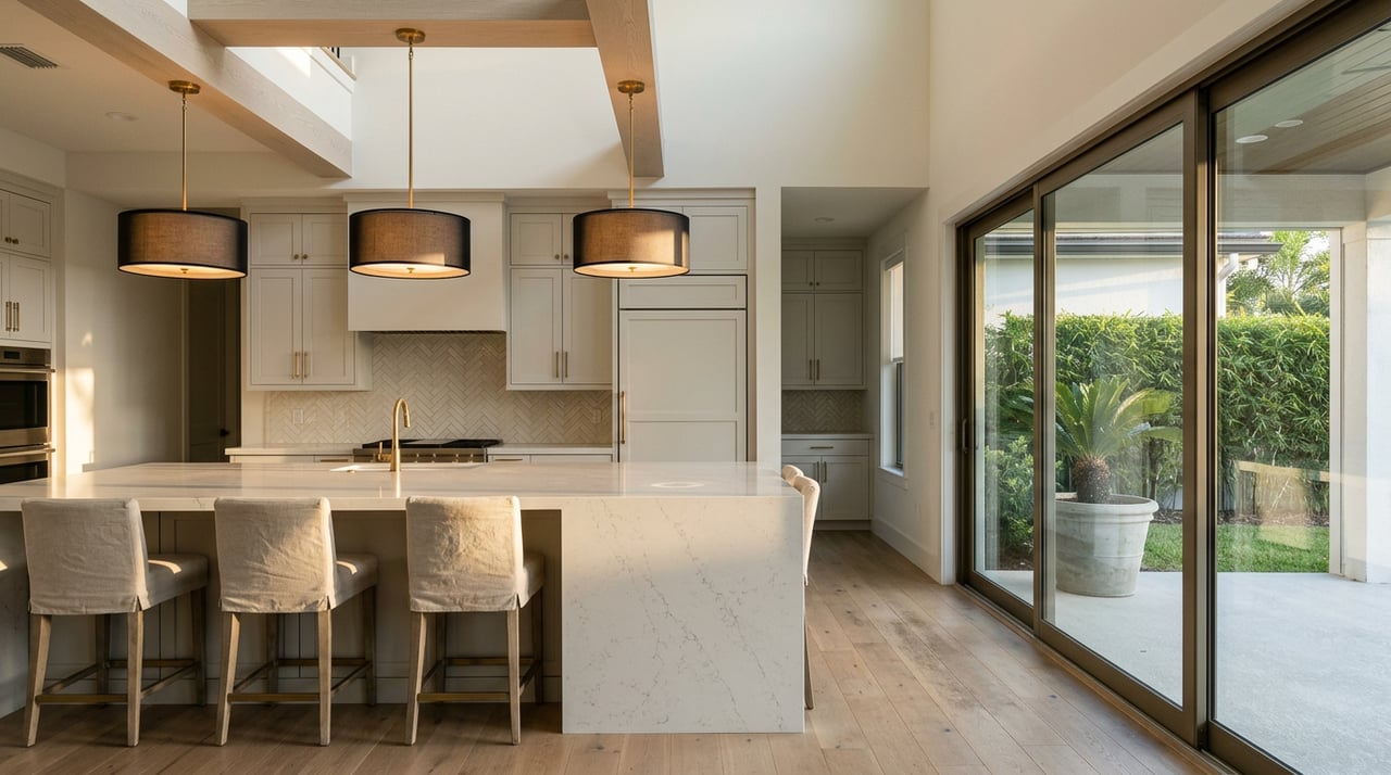 Quartz kitchen island beneath linen drum pendants, with sliding glass doors opening onto a lanai with a sago palm.