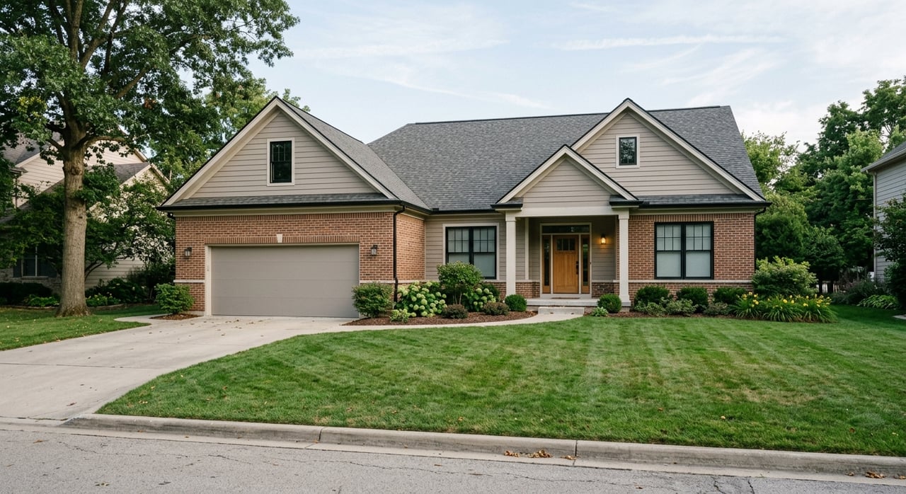 Suburban house with red-brown brick, taupe siding, black windows, a porch, and a broad green lawn.