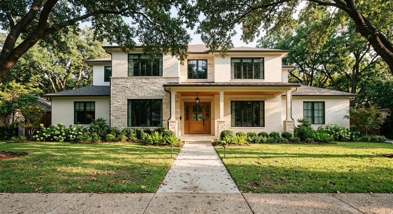 White brick house with limestone porch piers, black-framed windows, oak door, and a tree-lined walkway.