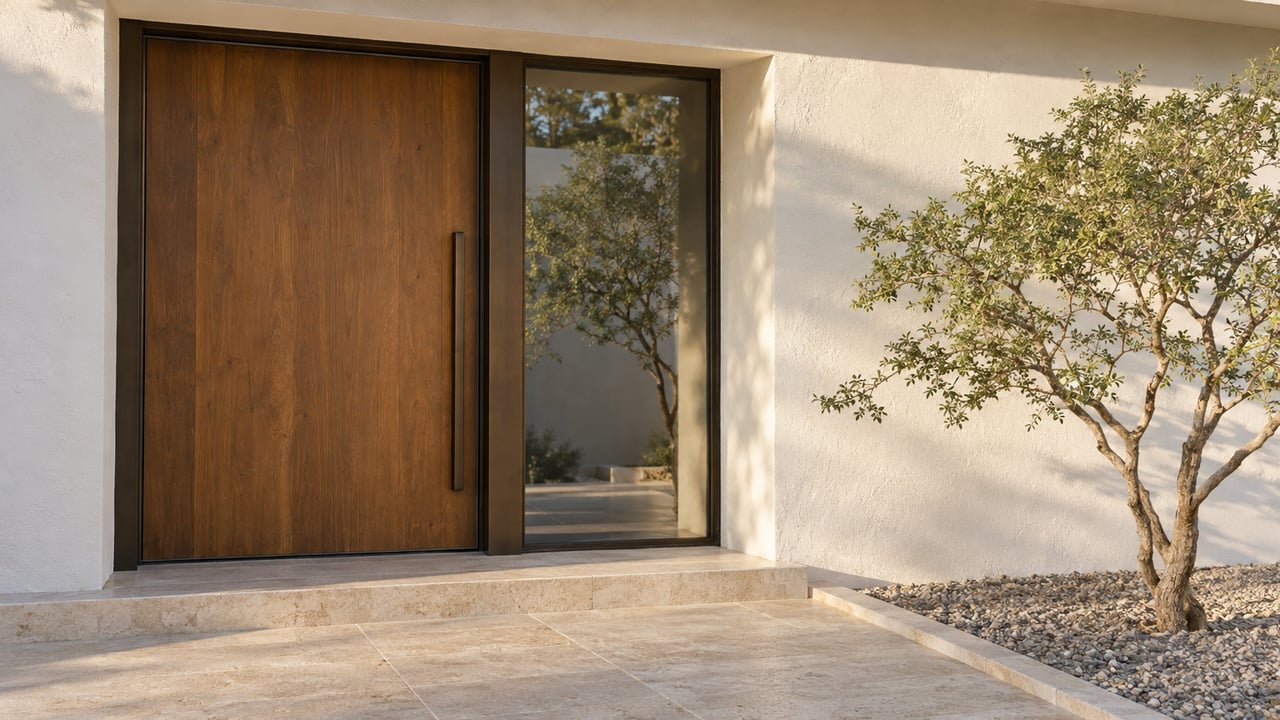 Villa entrance with a honey-brown timber door, glazed sidelight, pale limestone threshold, and sculptural desert tree.