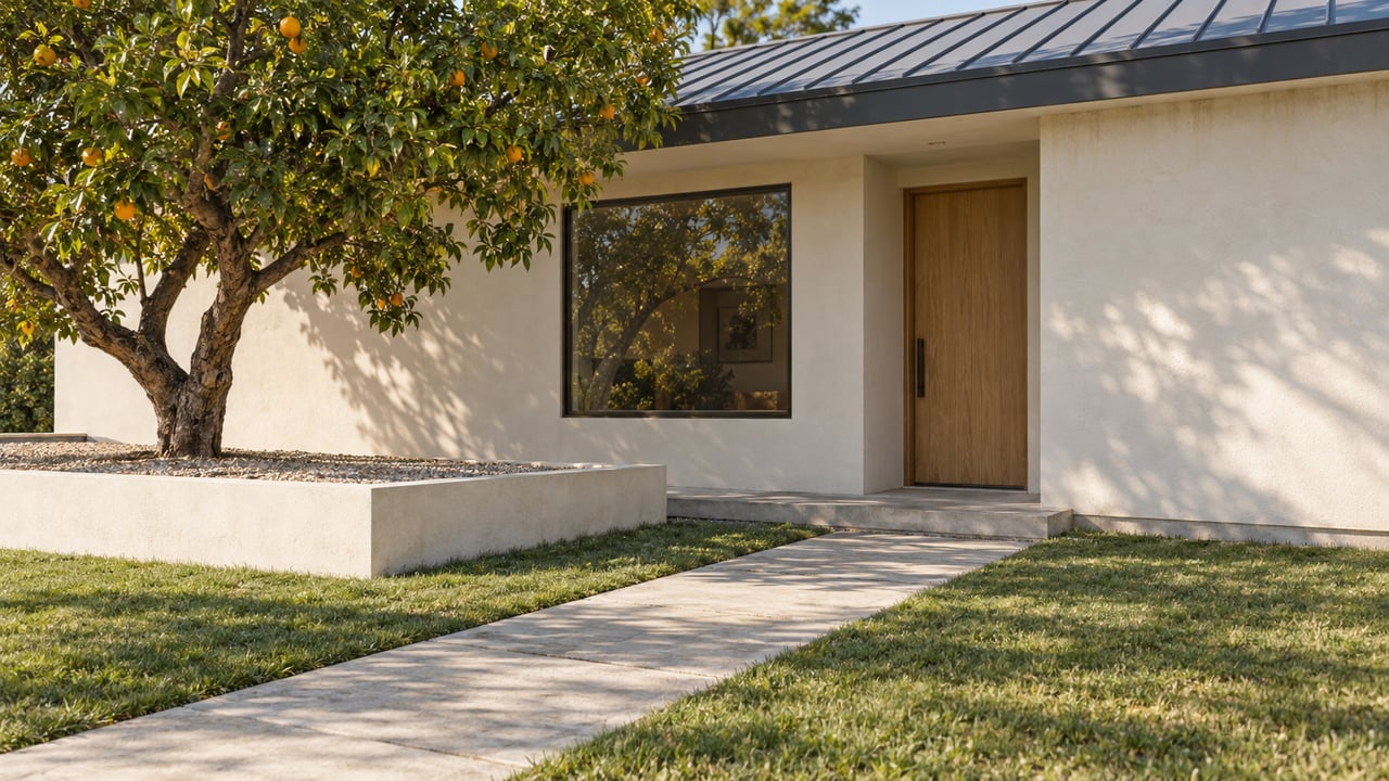 Single-story stucco home with a recessed oak door, bronze-framed window, and mature orange tree beside a concrete walk.