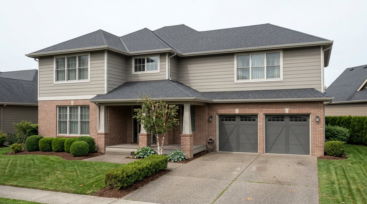 Two-story brick-and-siding home with a covered entry, attached garage, broad lawn, and birch tree.