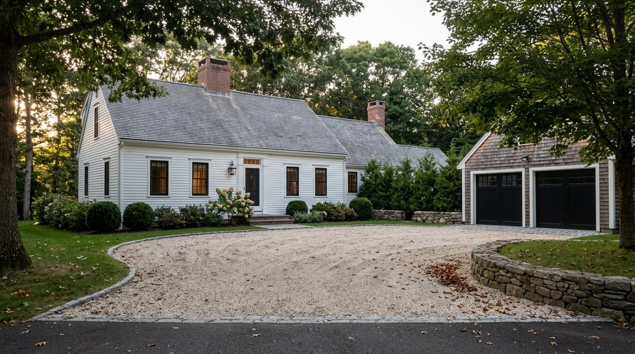 White clapboard home with divided-light windows, curved gravel drive, detached garage, and mature trees.