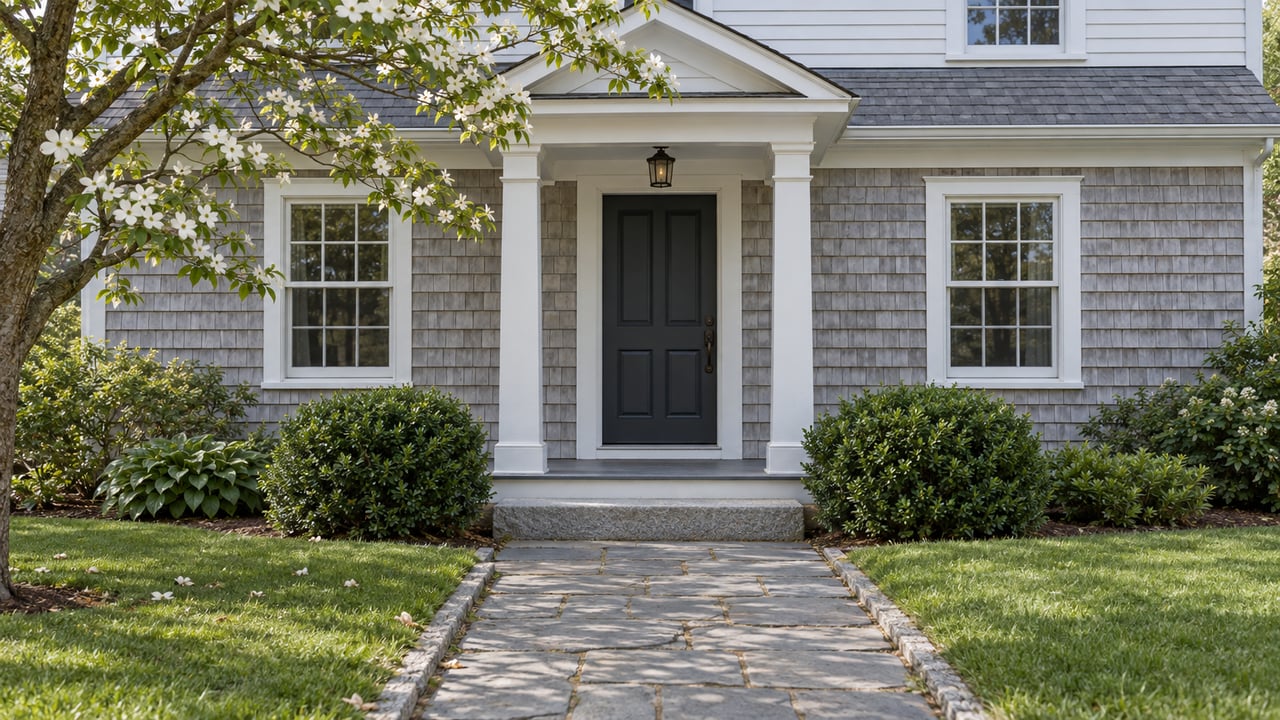 Gray-shingled house with a dark central door, flanking windows, bluestone path, lawn, and overhanging dogwood branches.