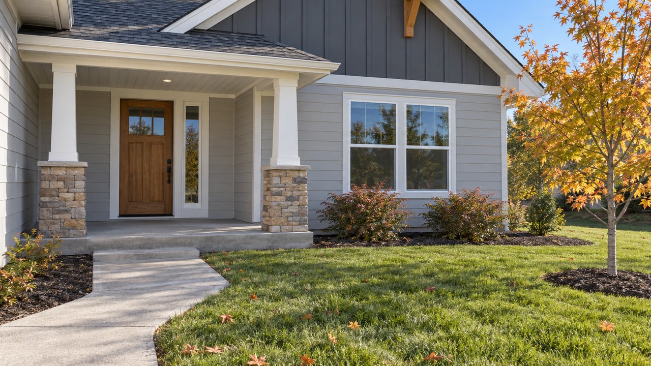 Gray craftsman-style home with a covered stone-base porch, concrete approach, green lawn and a young maple in autumn color.