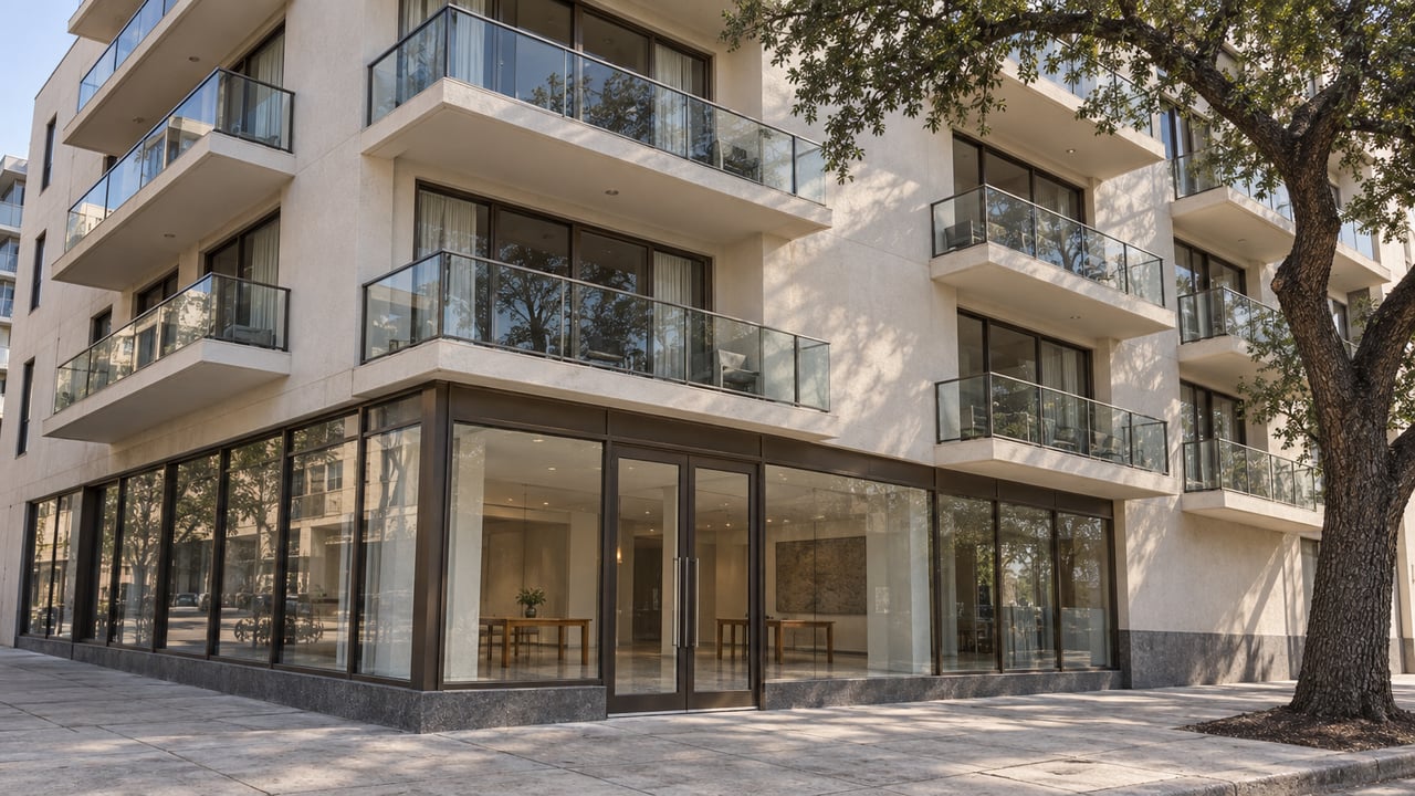 Five-story stucco apartment building with glass balconies above a corner storefront and an arching oak tree.
