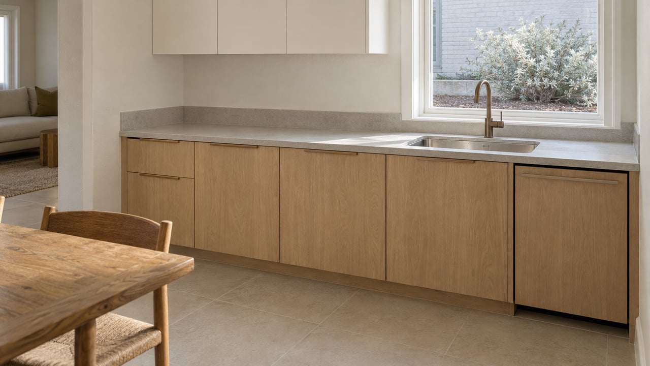 Sunlit kitchen with pale oak cabinets, sand-colored tile, a bronze faucet and a worn oak dining table edge.