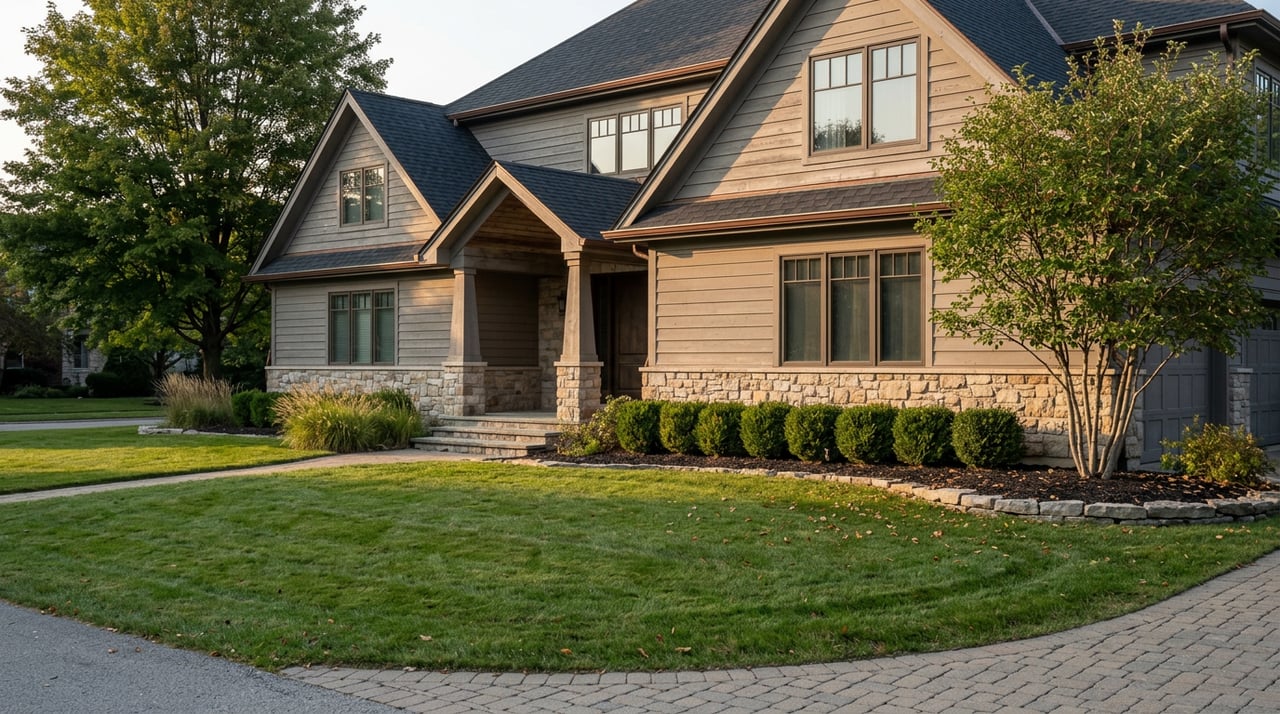 Two-story stone-and-cedar house beyond a broad lawn, with a serviceberry tree and clipped boxwood.
