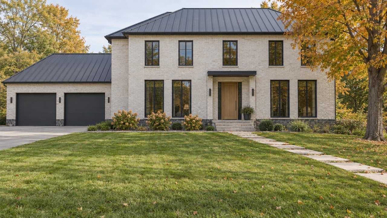 Off-white brick estate with charcoal roof, broad front lawn, limestone path, and amber maple at right.