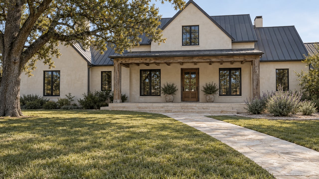 A limewashed house with a timber porch, tall dark-framed windows and a limestone path across a broad lawn beneath a mature oak.