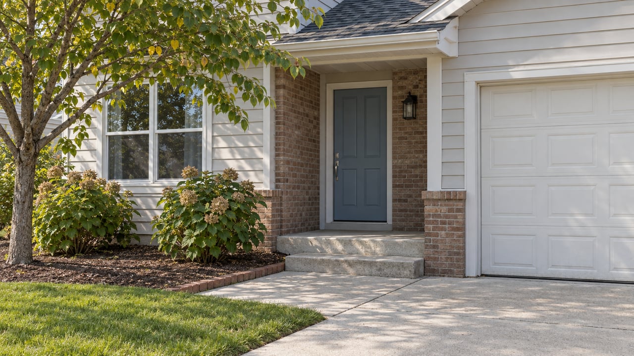 Close exterior of a light-sided suburban home with a brick entry, blue-gray front door, concrete steps and a small redbud tree.