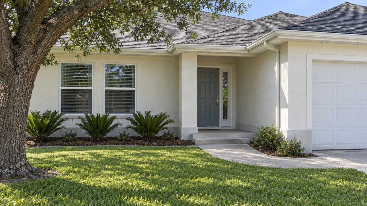 Single-story light stucco home with a recessed blue-gray entry door, shallow concrete steps, broad lawn and mature oak.