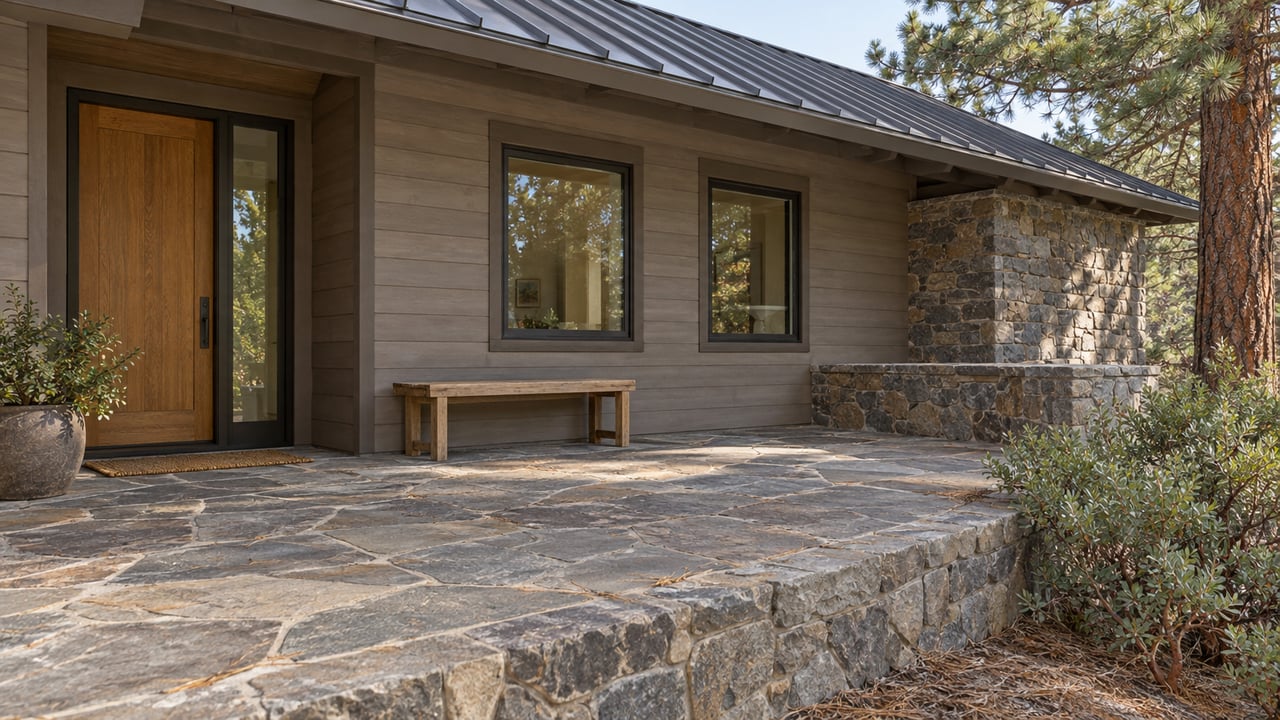 A covered entry terrace with gray wood siding, an oak front door, slate paving and a stone edge beside a mature pine.
