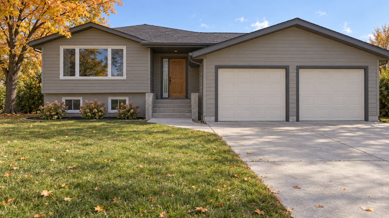 Greige split-level home with a two-car garage, broad front lawn and orange-yellow maple in autumn sunlight.