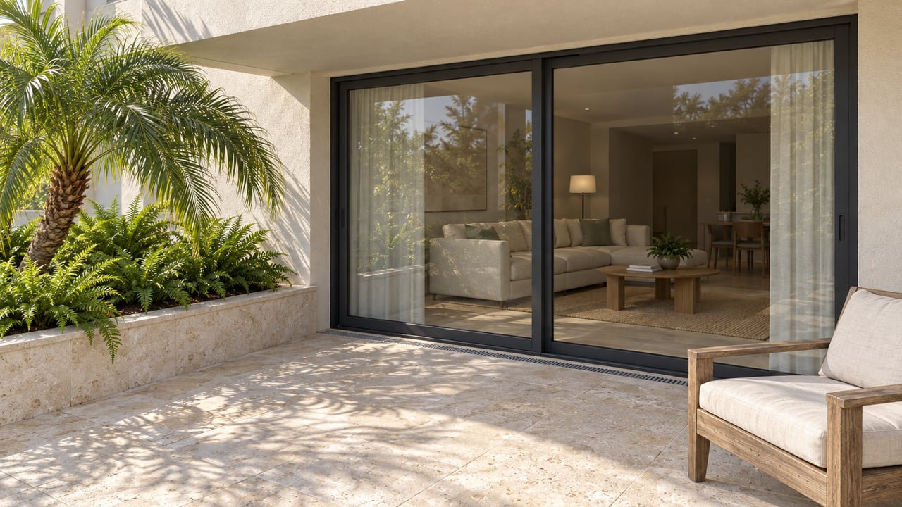 Sunlit limestone condominium terrace with a teak lounge chair, a specimen palm in a raised planter, and closed glass doors opening visually onto a warm living room.