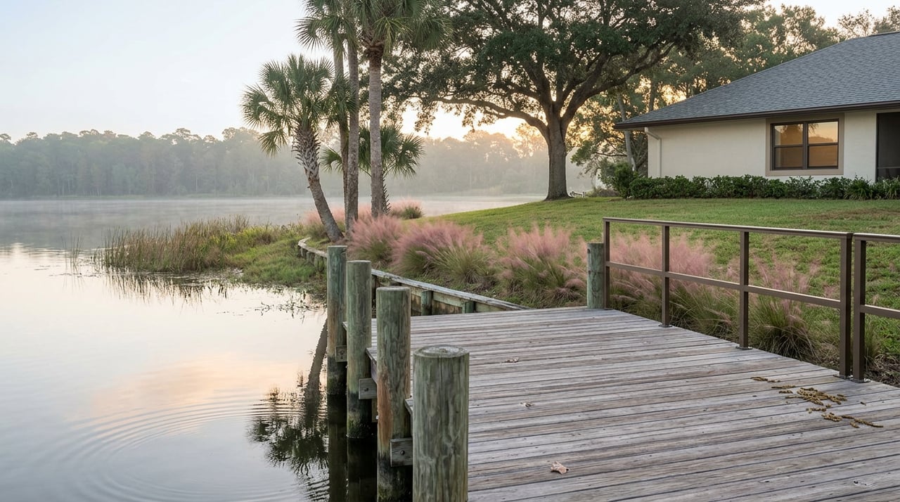 Weathered wooden dock extends over rippling lake water toward a grassy bank, palms, live oak, and a home roofline.
