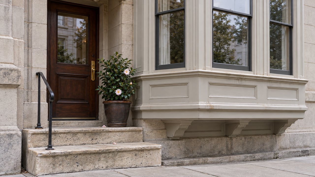 Edwardian residence entrance with a glazed oak door, limestone steps, iron handrail, and potted camellia.