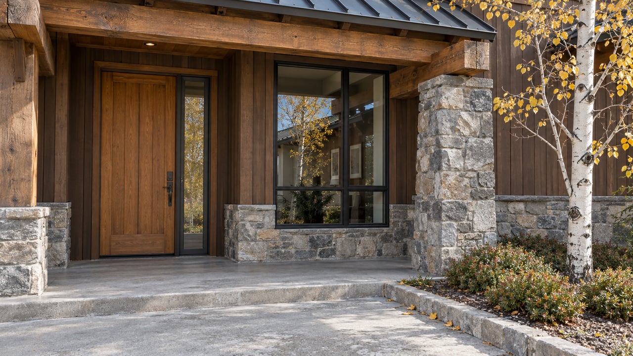 Timber-covered home entry with a warm wood door, gray stone pier and yellow-leaved aspen beside a concrete approach.