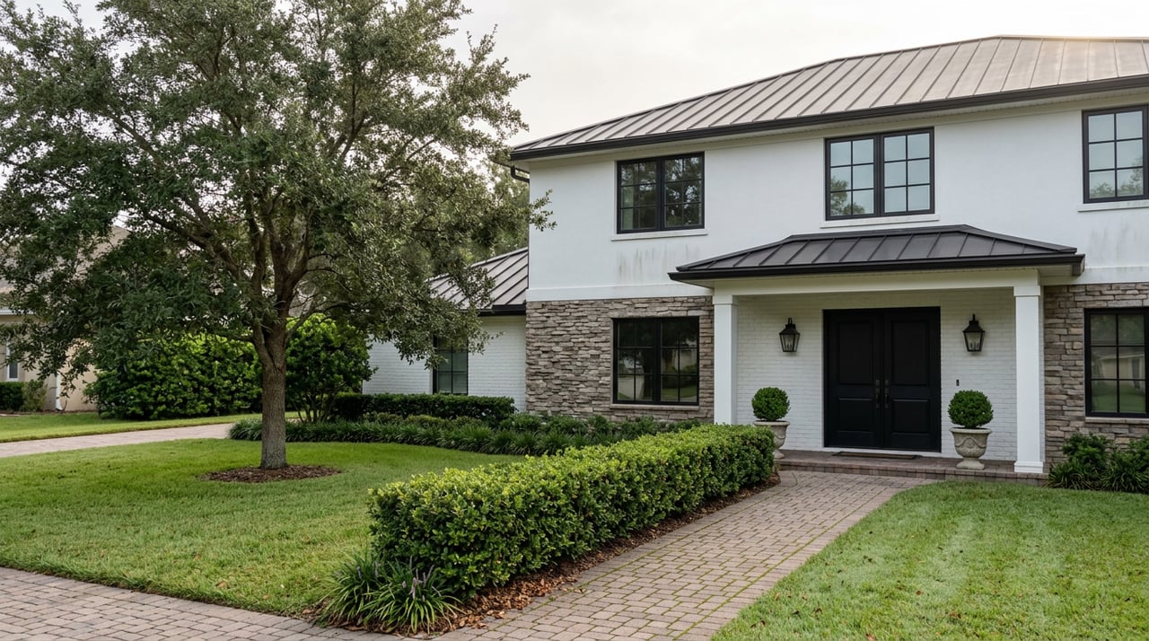 White-brick house with a dark metal roof, black entry doors, stone base, curving brick walk, and broad oak tree.