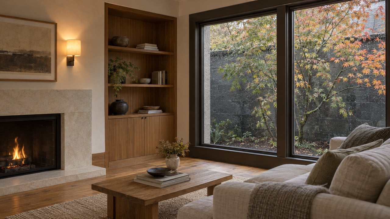 Renovated living room with fir built-ins, limestone fireplace, bronze-framed windows, and an orange-leaved vine maple outside.