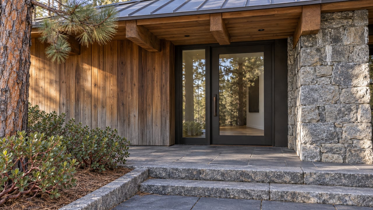 Sheltered entry with cedar siding, granite pier, dark glazed door and broad stone steps beside a mature pine.