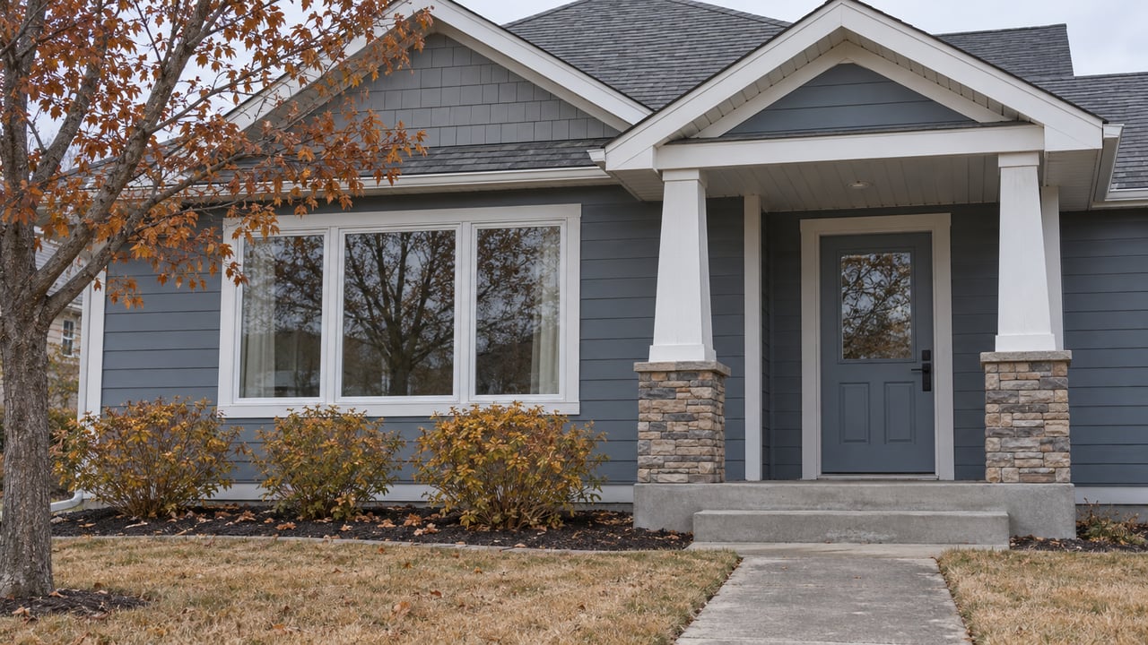 Slate-blue home with white porch posts, stone bases, a concrete approach and copper autumn leaves beneath a mature maple.