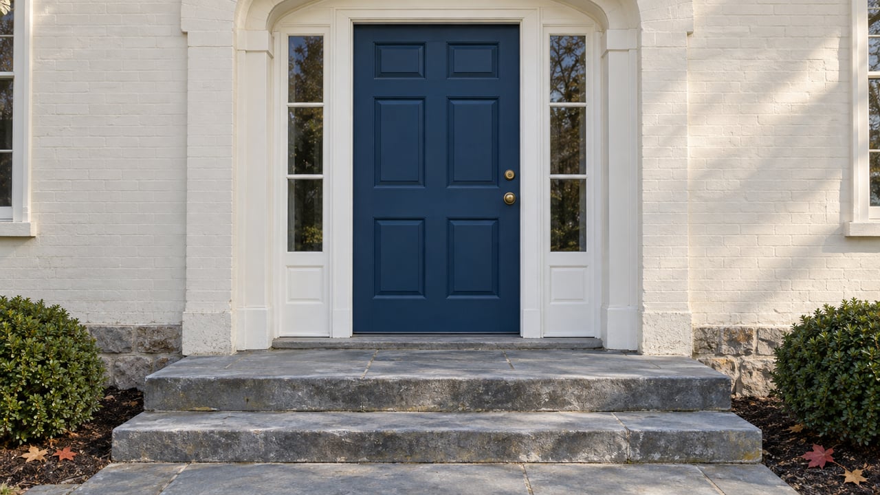 Cream masonry entrance with a deep blue paneled door, paired glazed sidelights, bluestone steps and clipped inkberry shrubs in autumn daylight.