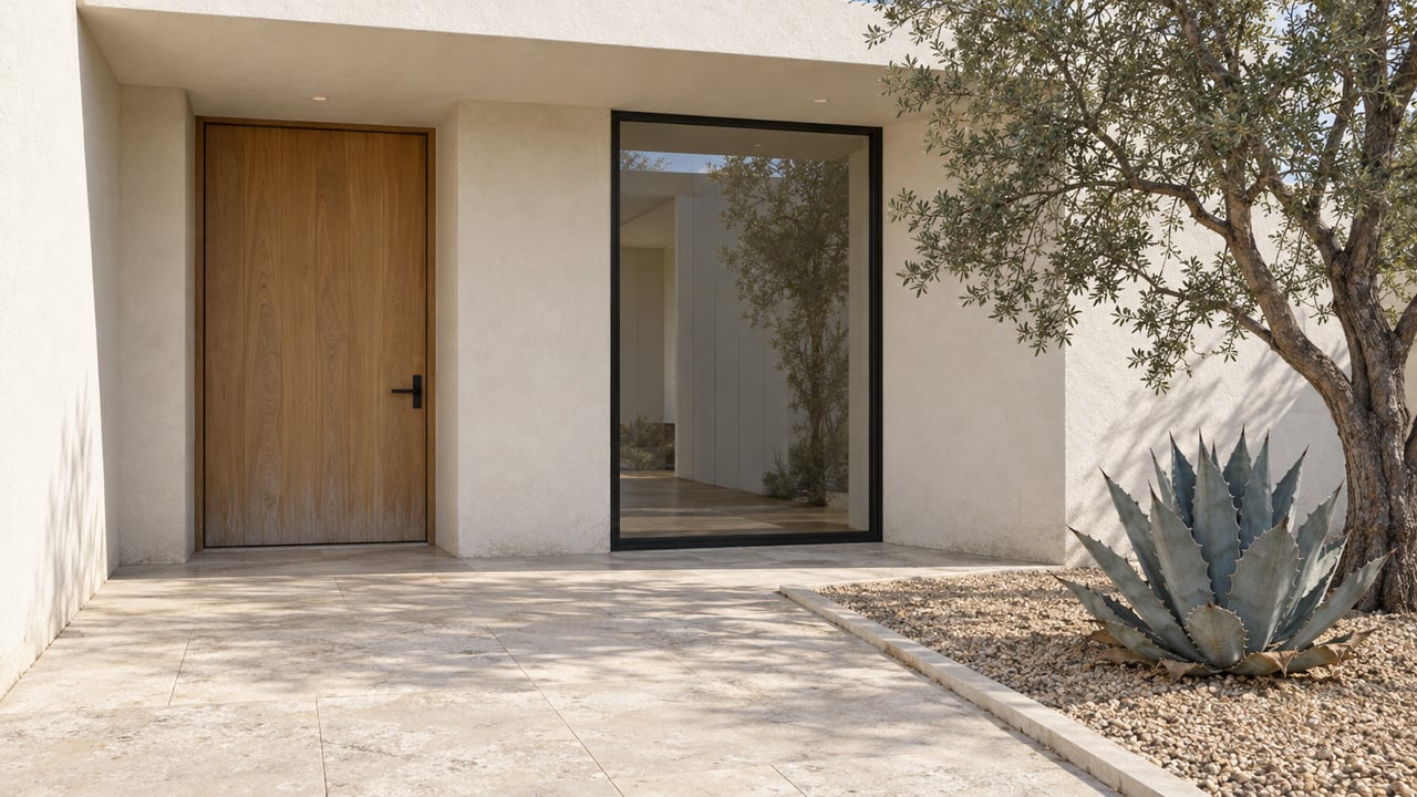 Elevated close view of a white stucco home entry with an oak door, black-framed window, limestone approach, desert ironwood and blue-gray agave.
