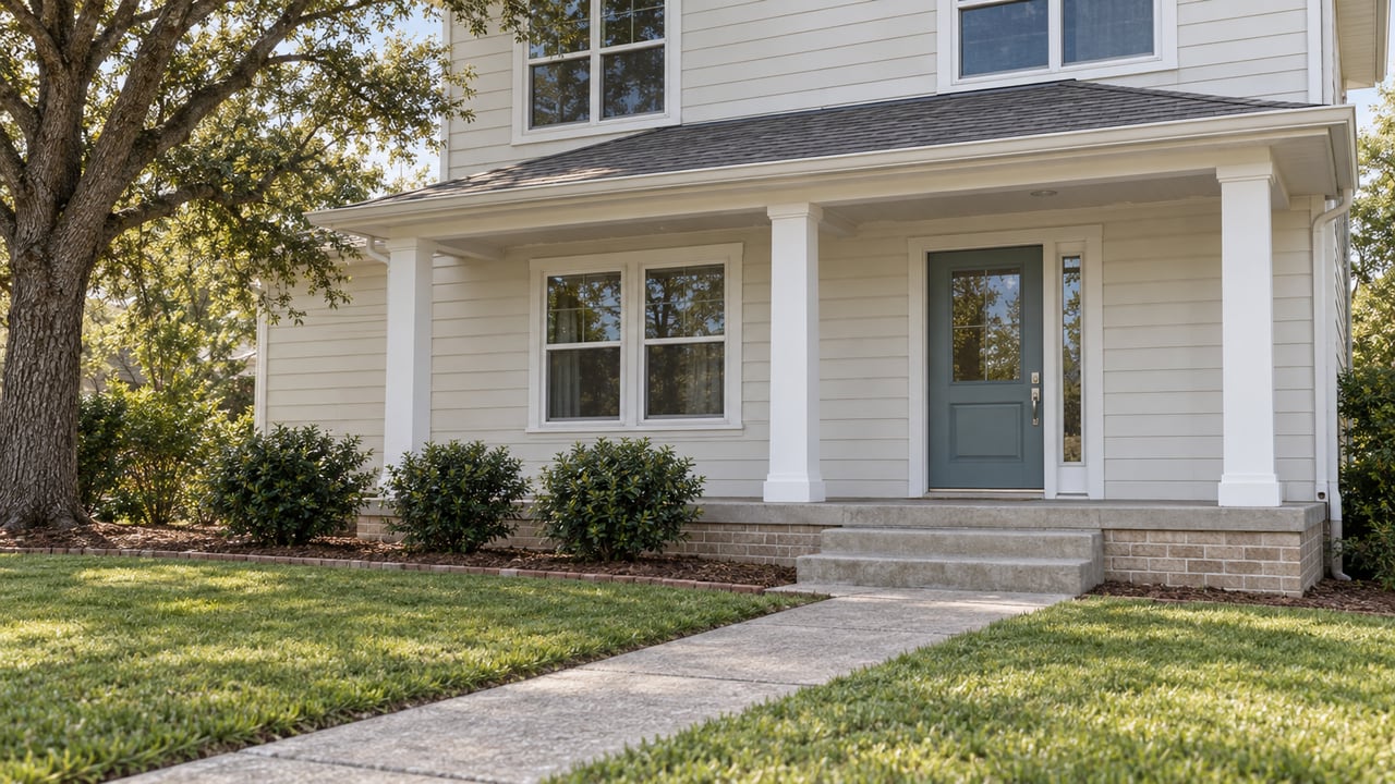 White-sided two-story home with a blue-green front door, raised concrete porch, brick foundation and a deep green front lawn.
