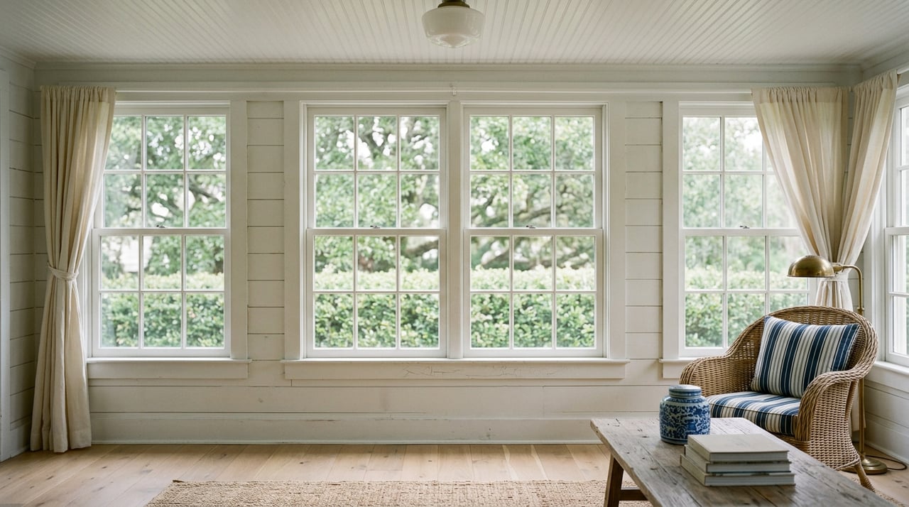 Sunroom with four divided-light windows, a wicker chair, and a driftwood-toned coffee table on a jute rug.