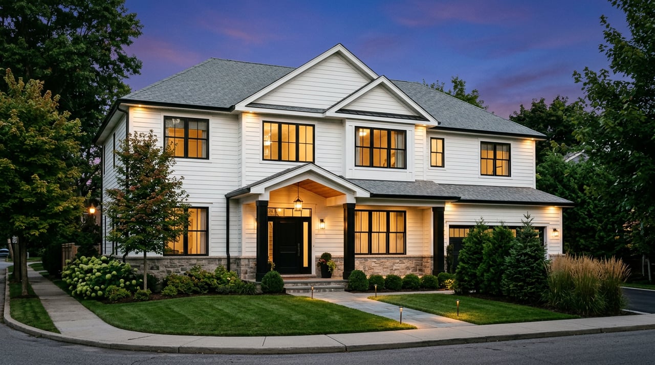 Two-story white house with black-trimmed windows, a black front door, and warm-lit windows at blue hour.