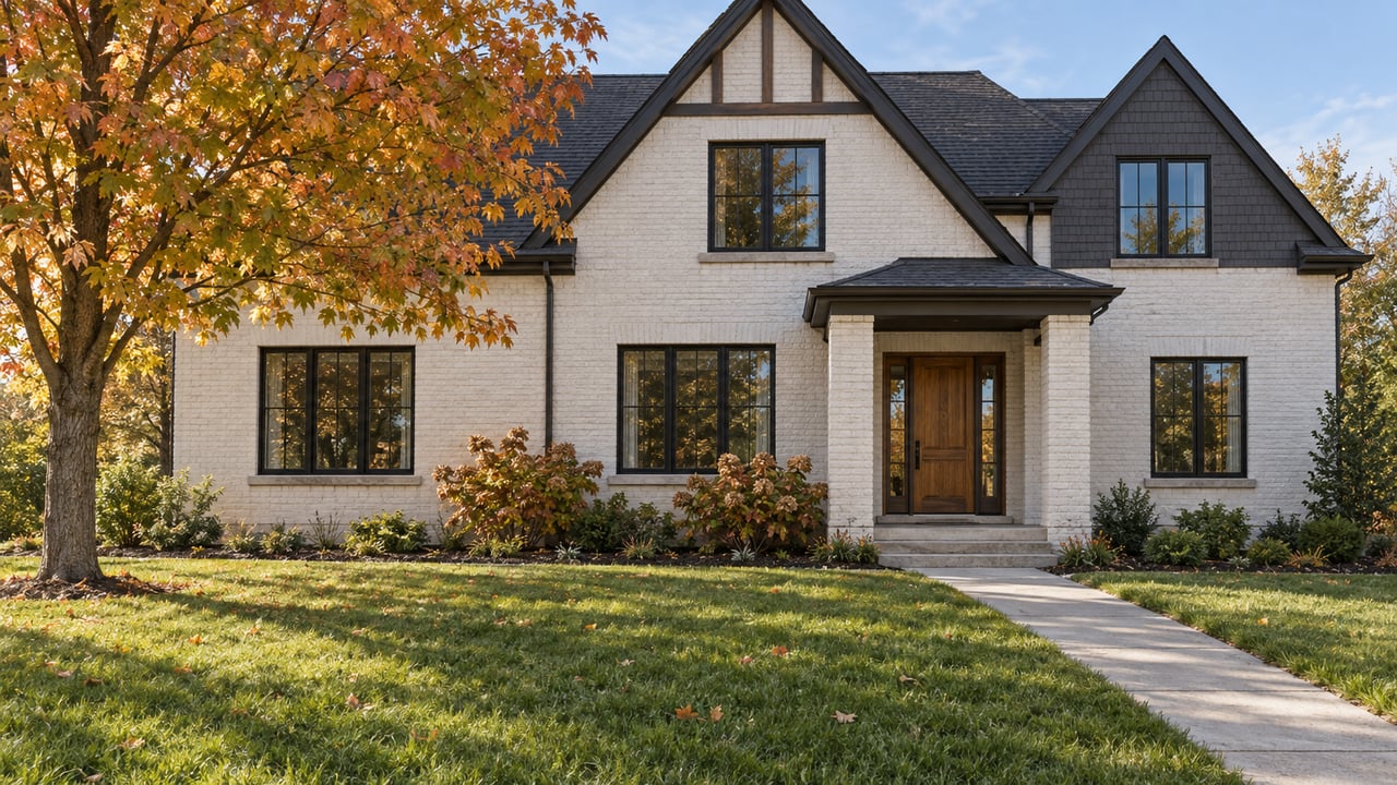 White painted-brick family home with steep charcoal gables, black-framed windows and limestone entry steps beyond a deep autumn lawn and an orange-leaved maple.