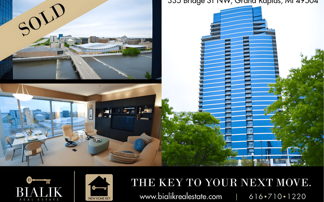 Sold Grand Rapids condo collage with a furnished interior, city views, and the blue high-rise at 333 Bridge St NW.