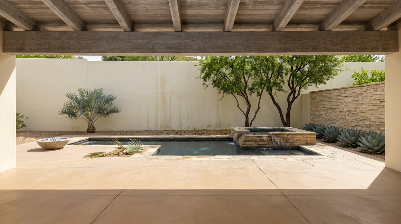 Patio overlooks dark pool and raised stone spa beneath weathered beams, with blue agaves.