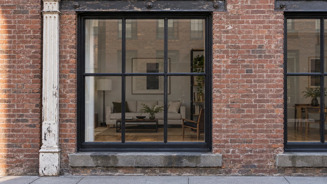 Tall black steel-framed window set in weathered red-brown brick beside a fluted off-white cast-iron pilaster.