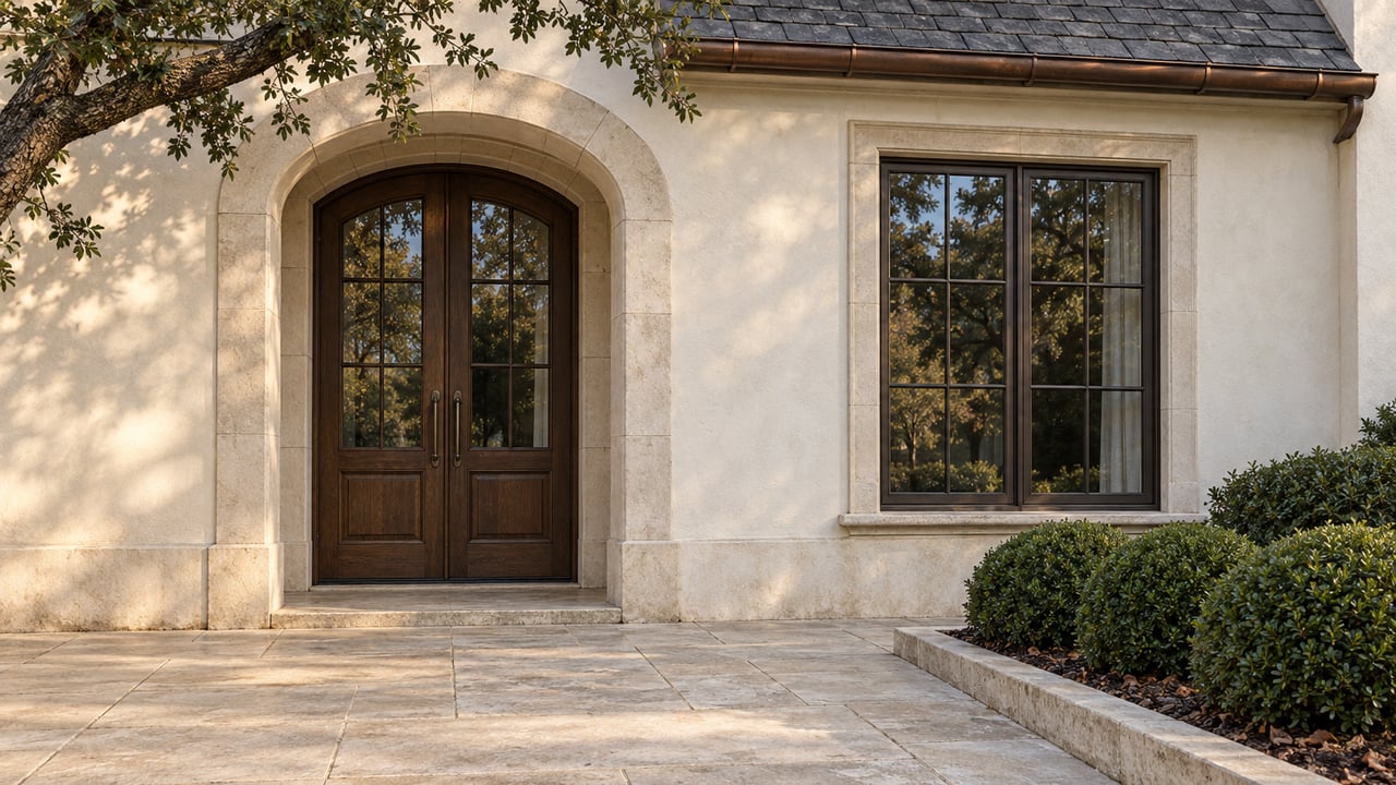 Pale stucco home with an arched limestone entrance, dark oak double doors and a sunlit stone terrace beside clipped boxwood.