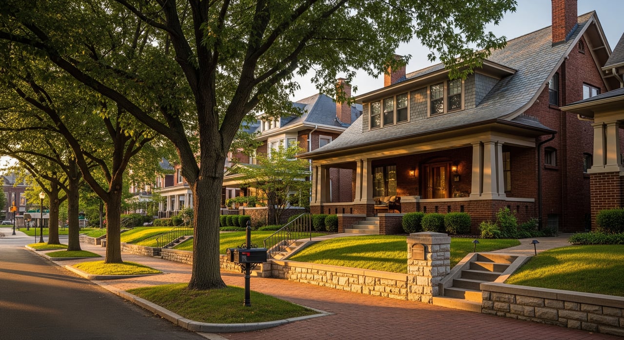 Large brick house with a broad porch behind a tree-lined sidewalk and low stone walls.