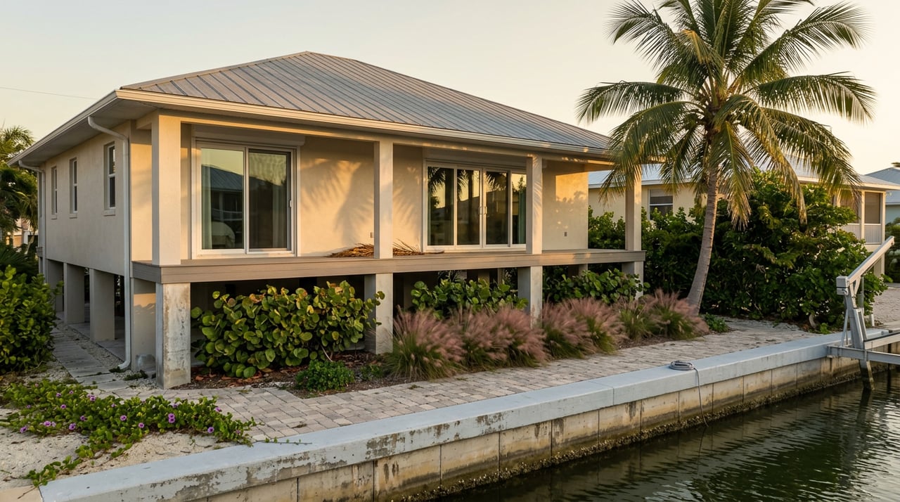Elevated coastal home on concrete pilings beside a canal, framed by palms and tropical plantings.