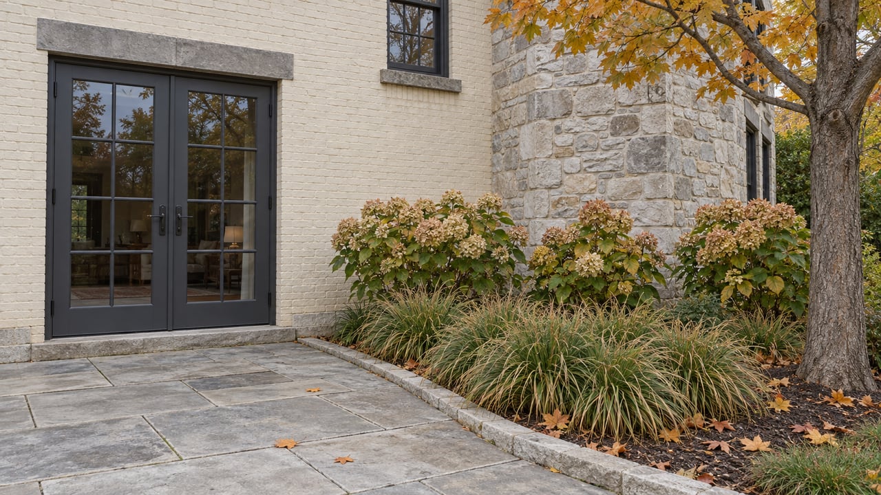 Ivory brick house with charcoal French doors beside a limestone terrace, autumn sugar maple, hydrangeas, and sedge planting.