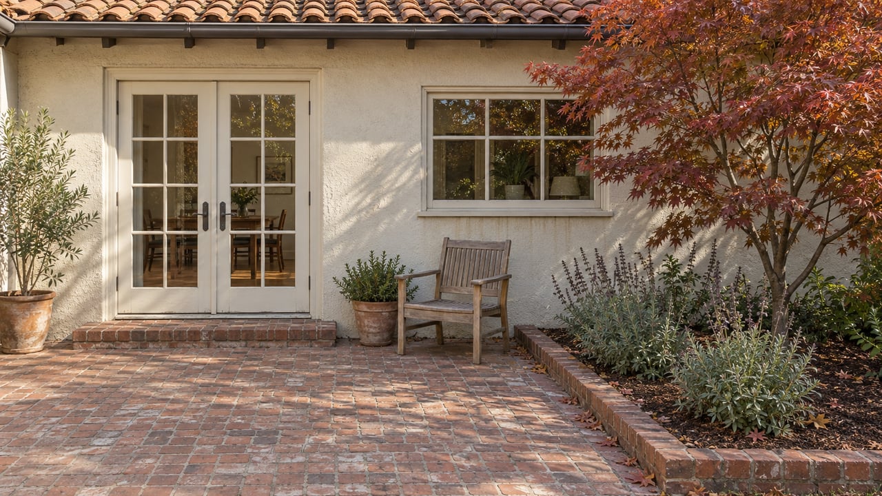 A light stucco home's closed French doors open visually onto a weathered brick rear terrace beside a russet Japanese maple.